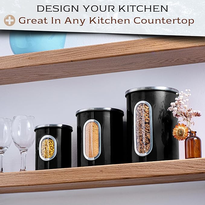 Moss & Stone 3-Piece Black Canisters Sets For The Kitchen, Airtight Canister Set With See Through Window, Storage Jars for Coffee Container, Tea Organizer & Sugar Canister, Black Kitchen Canisters
