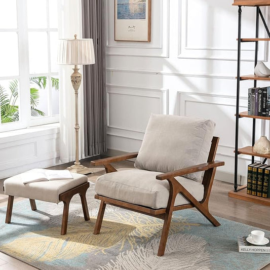 Wahson Mid Century Arm Chair and Ottoman Set, Upholstered Accent Armchair with Wood Frame and Canvas Cushions, Leisure Slipper Chair for Living Room/Bedroom, Beige