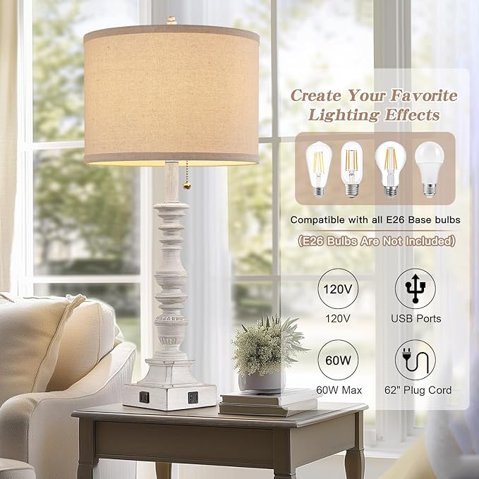 Farmhouse Table Lamps for Bedroom Set of 2, 29.5" Tall Rustic Bedside Lamp with USB Ports and AC Outlet, Vintage Nightstand Table Lamp for Living Room with Linen Drum Shade, White, Pull Chain