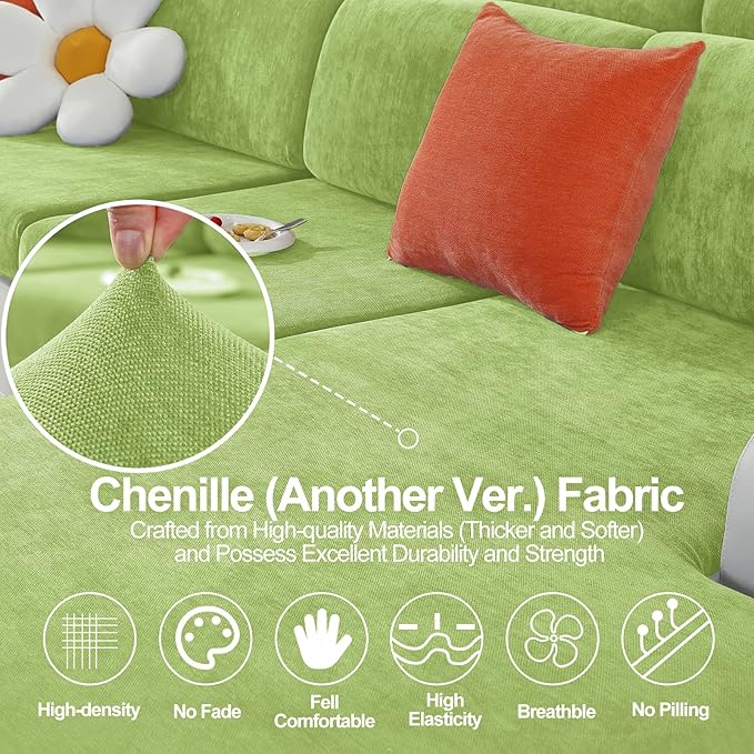 Large Backrest Cushion Covers Super Stretch Backrest Covers for 3 Cushion Couch Sofa, Couch Back Cushion Covers Featuring with Chenille Yarn (Softer Version, 3PC, Green)