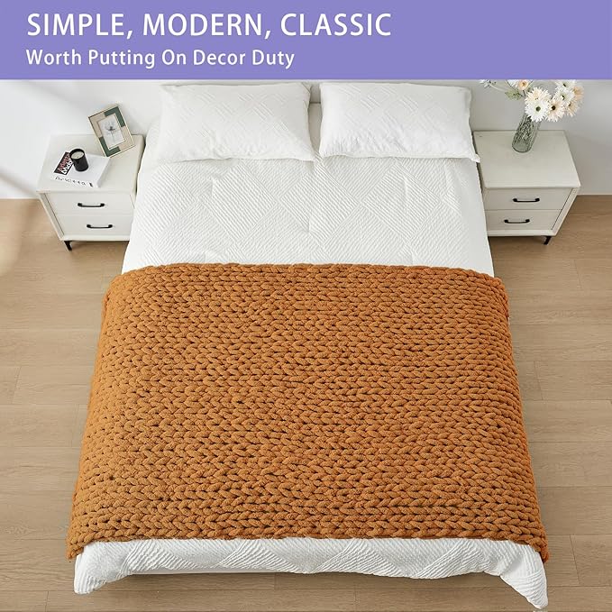 Bigacogo Chunky Knit Throw Blanket for Couch, 40x80 inches, 100% Hand Knitted with Thick Jumbo Chenille Yarn, Cozy Soft Large Rope Knot Cable Crochet Blankets for Sofa Bed Living Room, Burnt Orange