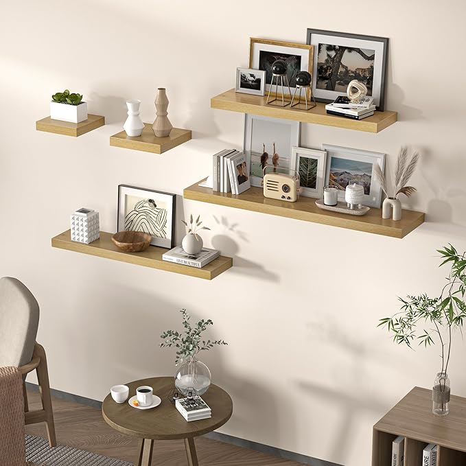 Floating Shelves for Wall, 72"W x 9.3"D x 1.5"H, Long Wooden Wall Mounted Display Shelves with Invisible Brackets for Living Room, Bedroom, Bathroom, Kitchen Decor and Storage, Set of 1, Oak