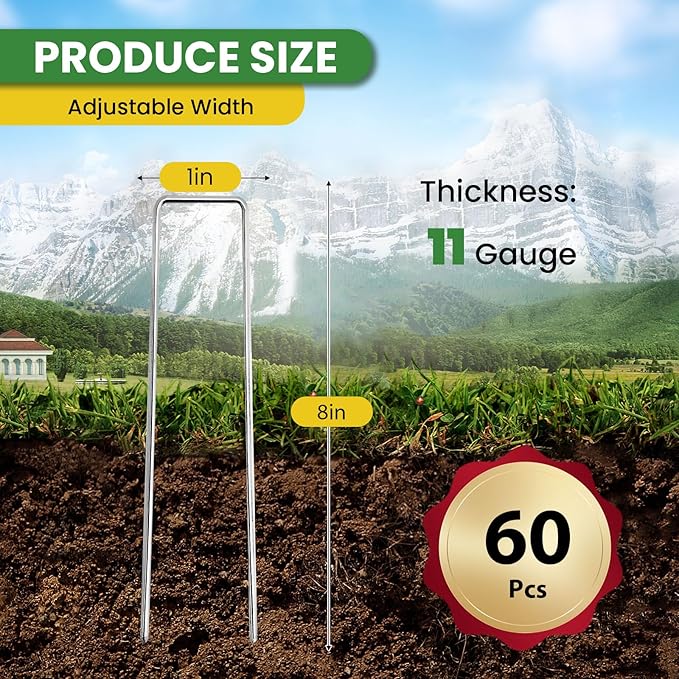 Landscape Staples 8 Inch 60 Pack, Garden Stakes Galvanized Garden Staples 11 Gauge, Plant Cover Stakes for Lawn Weed Barrier