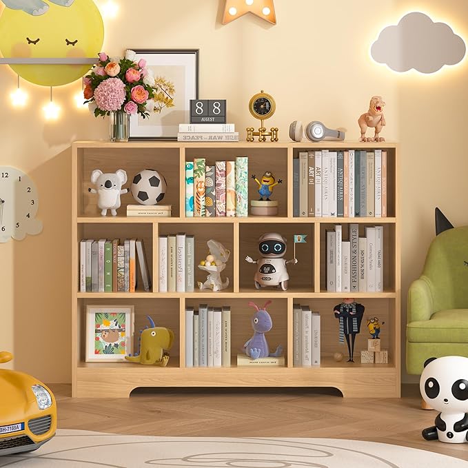 Book Shelf, 10 Cubes Storage Organizer, 3-Tier Open Shelf Wooden Bookcase, Freestanding Log Bookshelf Cube Shelf for Bedroom, Living Room, Home Office