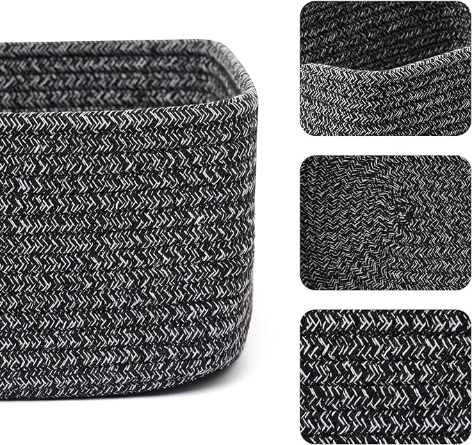 Small Storage Baskets for Organizing | Closet Organizer Bins | Shelf Toy Basket | Woven Rope Baskets | Cube Decorative Box | Shallow Basket | 11.5x7.5x4.7” | 4 Packs Dark Gray