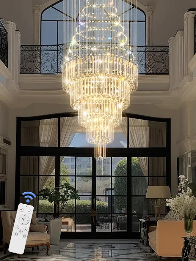 Flashing God 40''X90 High Ceiling Chandelier Crystal Raindrop Gold Chandeliers Staircase Large Chandelier Villa Entrance Foyer Pendant Light Foyer High Ceiling Light 15 GU10 Bulb Dimming