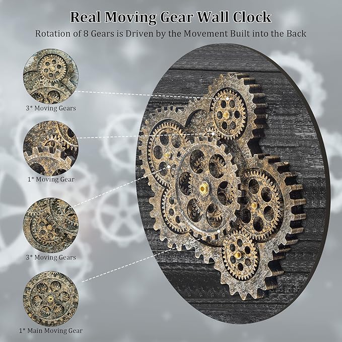 HOIBAI Large Wall Clock, Wall Clocks for Living Room Decor 20 Inch Farmhouse Vintage Rustic Kitchen Wall Decor Vintage Roman Oversized Wall Clock for Home Bedroom House Office, Moving Gears Clock