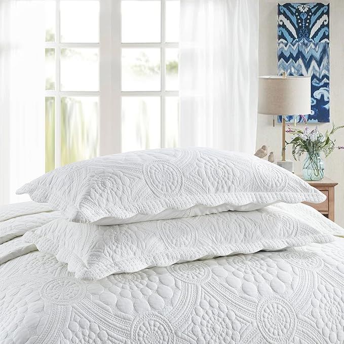 MarCielo 3-Piece 100% Cotton Oversized Bedspread Lightweight Quilt Coverlet Embroidery Farmhouse Bedding (Tf Bright White, Oversized Queen (100"x106"))