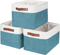 Storage Bins Large Fabric Storage Baskets for Shelves 3 Pack, Decorative Linen Closet Baskets with Handles for Organizing, Shelf, Clothes, Home, Office, 15x11x9.5Inches (Teal&White)