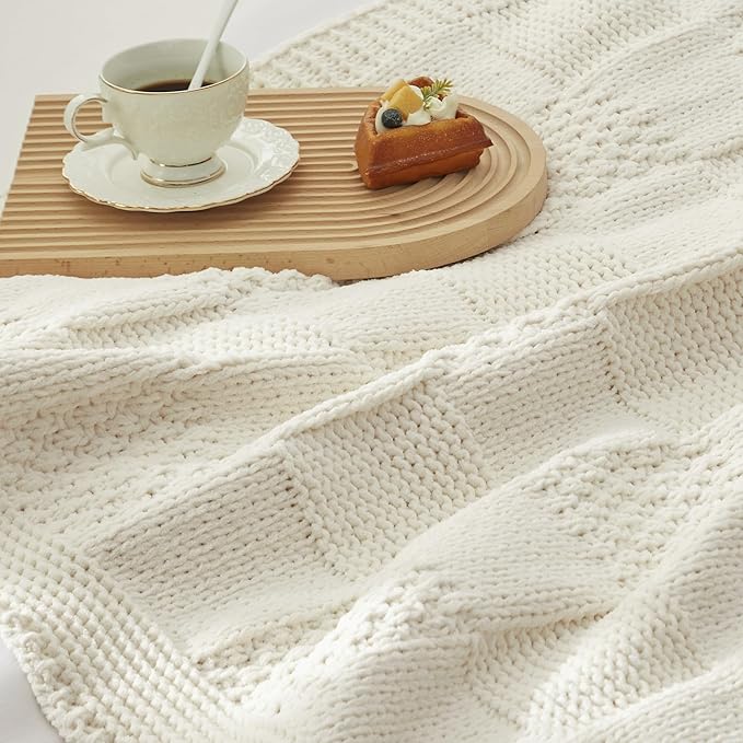 Amélie Home Chenille Knit Throw Blanket for Couch, Checkered Texture Decorative Soft Blanket for Sofa, Bed & Living Room, 50"x60", Ivory