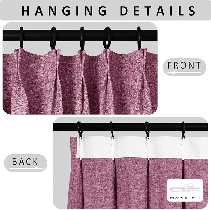Macochico Pinch Pleated Blackout Linen Curtains 96 Inches Long 100% Light Blocking Burlap Curtains for Bedroom Living Room Thermal Window Panels with Tieback 72”Wx96”L Lilac 1 Panel
