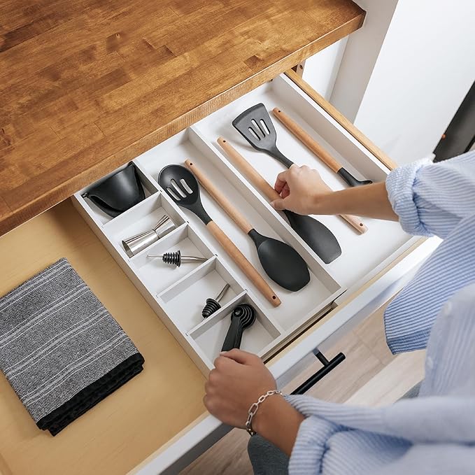 Adjustable Kitchen Drawer Organizer for Utensils and Junk, Food-Safe Contract Grade with 100% Sustainable Wood, Expandable from 10.5 to 19 Inches Wide - White Bamboo