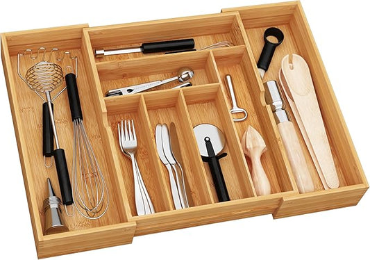 BAMEOS 3" Deepth Expandable Drawer Organizer, Deep Flatware Organizer, Adjustable Silverware Organizer, Bamboo Drawer Organizer for Kitchen, Bathroom (Natural)