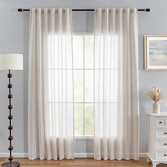 MYSKY HOME Linen Curtains for Living Room, Natural Semi Sheer Curtains & Drapes Light Filtering Farmhouse Country Boho Style Back Tab Draperies for Sliding Glass Door (Customsize, Linen)
