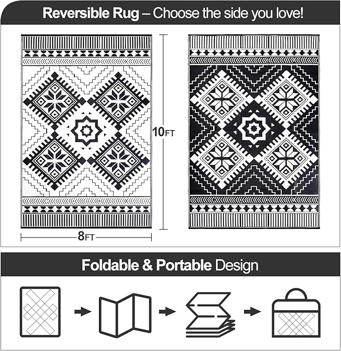 Waterproof Outdoor Rug 8x10ft, Boho Reversible Plastic Straw Mat for Patio RV Deck Porch Backyard Balcony Camping Picnic Beach Indoor Outdoor Carpet, Black&White