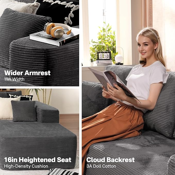 104" Cloud Sectional Couches for Living Room,L Shaped Boneless Couch in A Box,Sleeper Sofa with Comfy Chaise No Assembly Required,Grey