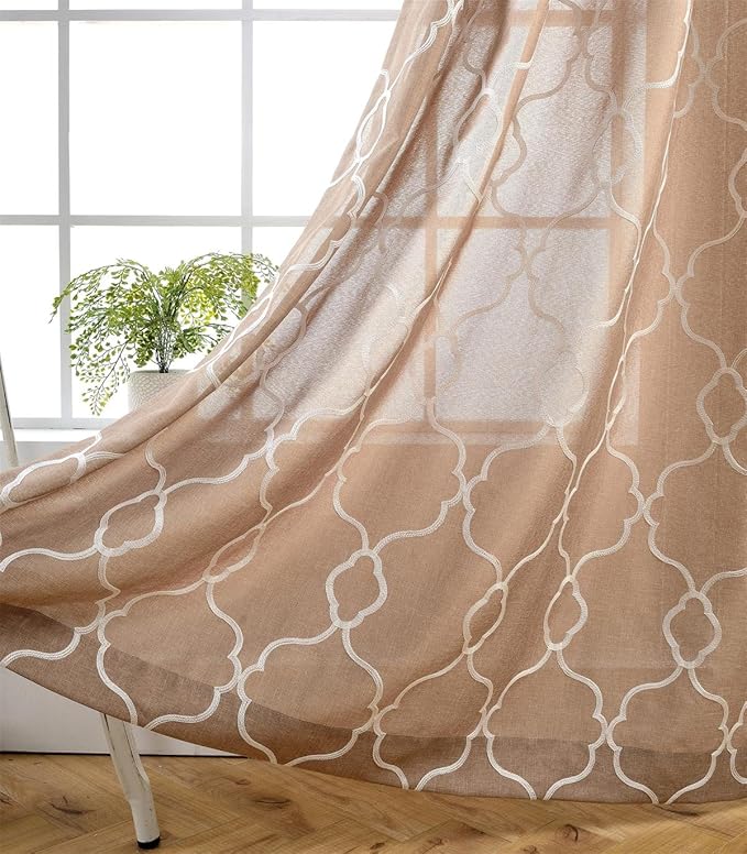 MIUCO Moroccan Embroidery Semi Sheers Curtain Faux Linen Grommet Window Curtains for Office 52 x 95 Inch 2 Panels, Taupe