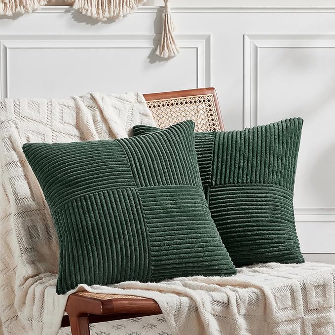 Fancy Homi Set of 2 Dark Green Decorative Throw Pillow Covers 16x16 Inch for Living Room Couch Bed, Boho Farmhouse Forest Green Home Decor, Soft Corss Corduroy Patchwork Textured Cushion Case