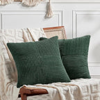 Fancy Homi Set of 2 Dark Green Decorative Throw Pillow Covers 22x22 Inch for Living Room Couch Bed, Boho Farmhouse Forest Green Home Decor, Soft Corss Corduroy Patchwork Textured Cushion Case
