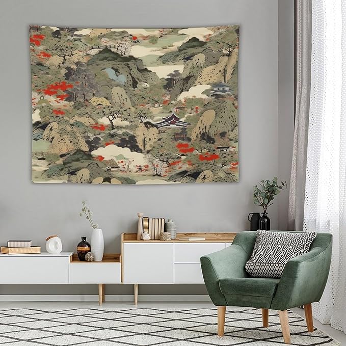 Asian Tapestry,Japanese Red Landscape Asian Watercolor Abstract Art Tapestry, Asian Japanese Wall Tapestry, Nature Landscape Tapestries for Bedroom Living Room Decor 80"x60"