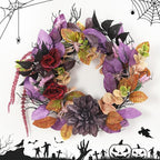 GarveeHome 18 Inch Halloween Wreath, Halloween Garland with Artificial Roses & Spiders, Indoor Outdoor Holiday Accent Decoration for Front Door Porch Wall Home Party Window, Red & Purple