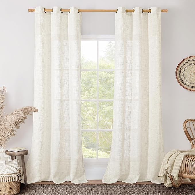 LAMIT Cream Linen Curtains 84 Inch Length 2 Panels for Living Room, Light Filtering Boho Window Treatments Semi Sheer Neutral Vertical Drapes with Bronze Grommet for Bedroom, 38 X 84 Inch