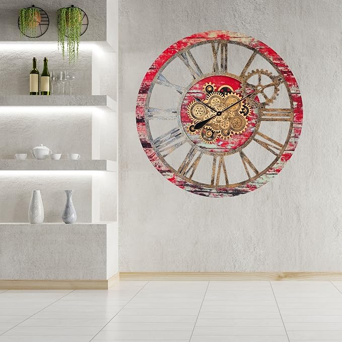 The Gears Clock 36'' Inch Real Moving Gear Wall Clock Vintage Industrial Oversized Rustic Farmhouse (Red Lava)