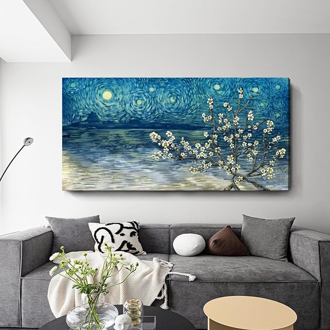 amatop Extra Large Wall Art Floral Tree Canvas Print for Living Room Bedroom Office– Oversized Plum Blossom Lake Landscape Picture Modern Blue Teal Nature Artwork Decor 58x29 Inch