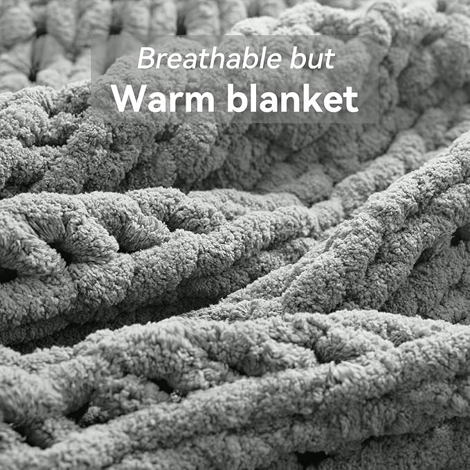 Chunky Knit Throw Blanket, 60''*80'' Knitted Throw Chenille Yarn for Bed Couch, Handmade Light Grey Crochet Big Thick Blanket, Machine Washable Cute Comfy Blanket for Home Decor
