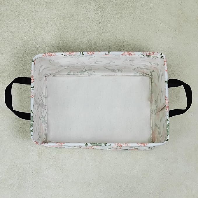 LANGYASHAN Rectangular Storage Bin Collapse Canvas Fabric Cartoon Storage Basket with Handles for Organizing Home Kitchen Boys and Girls Toys Office Closet Shelf Baskets (Rec Champagne Rose)