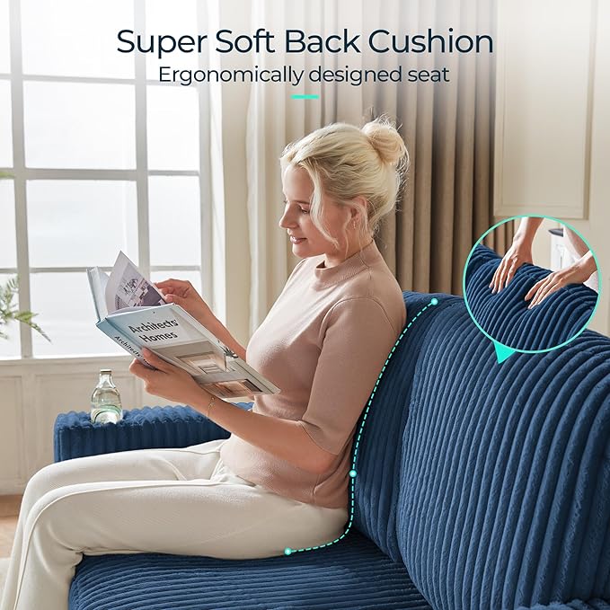 LINSY HOME Loveseat Sofa with Pull Out Couch Chaise: 2-in-1 Convertible 2 Seater Sofa with USB Charging & Cup Holders, Comfy Plush Corduroy Love Seat for Small Spaces Living Room Apartment, Blue