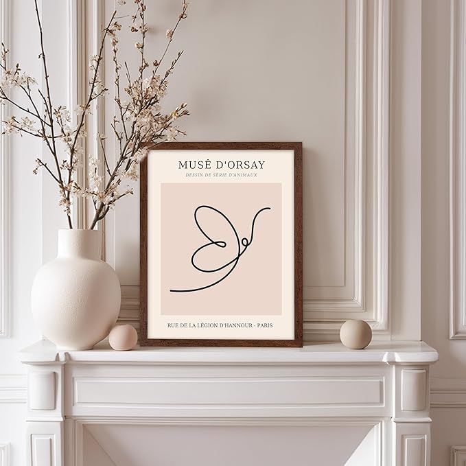 Poster Master Vintage Poster - Retro One Line Butterfly Drawing Print - Butterfly Line Art - Minimal Gift for Him, Her, Animal Lover - Abstract Decor for Home, Office, 8x10 Brown Framed