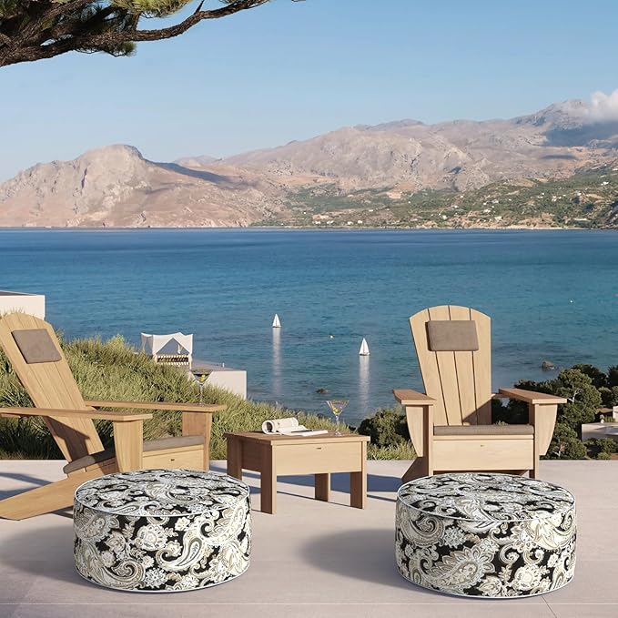 Inflatable Ottoman Stool D21 xH9 for Outdoor/Indoor Use, Water Repellent Patio Foot Rest Stool with Portable Handle,Round Pouf Ottoman Suitable for Garden,Deck and Camping - Paisley Black