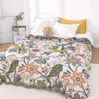 Snycler Boho Throw Blanket for Bed, 100% Organic Cotton Muslin Soft Throw-Floral Farmhouse Rustic Spring Summer Fall Decor Blanket for Couch Sofa Quilt and Gift, 60" x 80" White