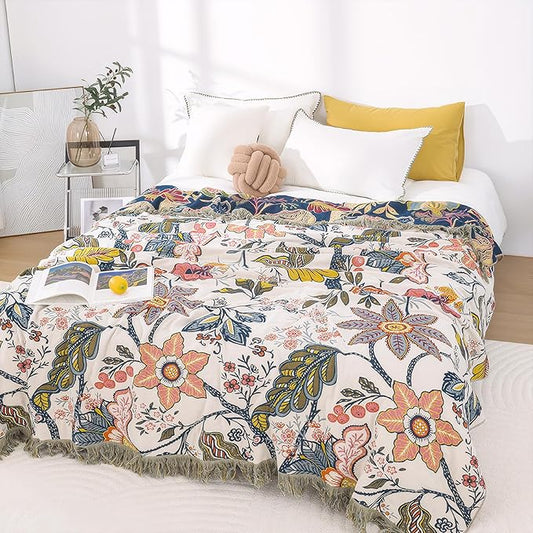 Snycler Boho Throw Blanket for Bed, 100% Organic Cotton Muslin Soft Throw-Floral Farmhouse Rustic Spring Summer Fall Decor Blanket for Couch Sofa Quilt and Gift, 60" x 80" White