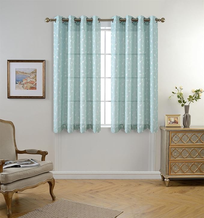 MIUCO Floral Embroidered Semi Sheer Curtains Faux Linen Grommet Window Panel Pair for Kitchen 52 x 63 Inch, Subtle Green