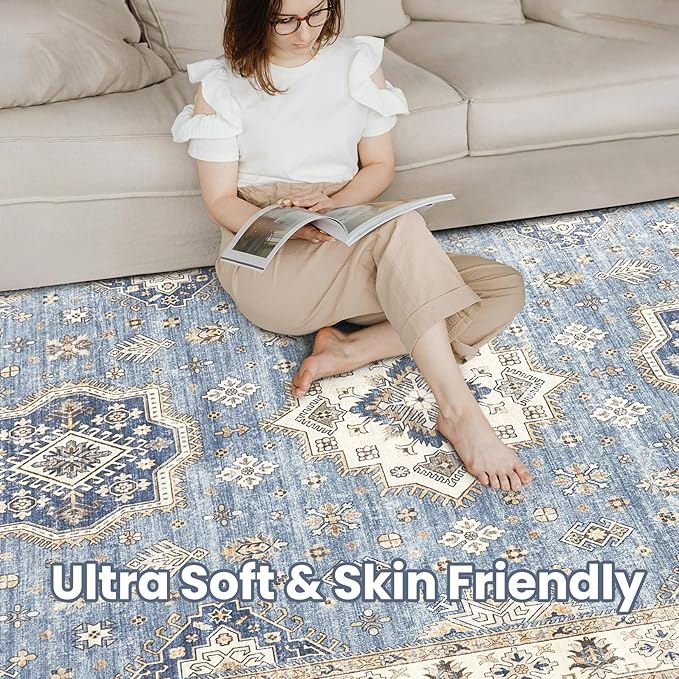 Washable Area Rugs for Living Room -10x14 Neutral Vintage Distressed Floral Farmhouse Boho Large Soft Floor Rug Indoor Non Slip Carpet for Living Room Bedroom Dining Room Office - Blue