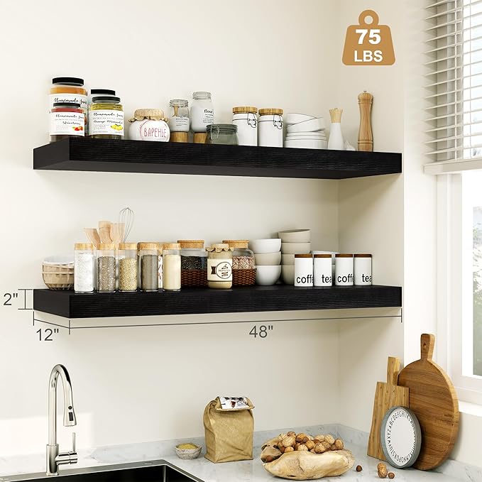 Heimlove Black Bathroom Shelves Floating Shelves for Wall Shelf Over Toilet Long Wall Mounted Modern Farmhouse,48 x 12 Shelves with Invisible Brackets for Living Room, Kitchen, Bedroom