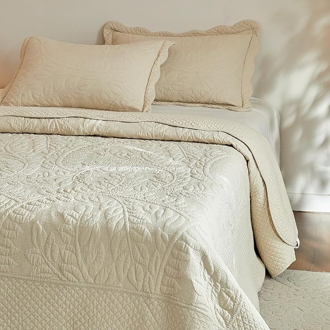 MarCielo 3-Piece 100% Cotton Oversized Bedspread Lightweight Quilt Coverlet Embroidery Farmhouse Bedding Set T0 (Yellowish Beige, Oversized Queen (100"x106"))