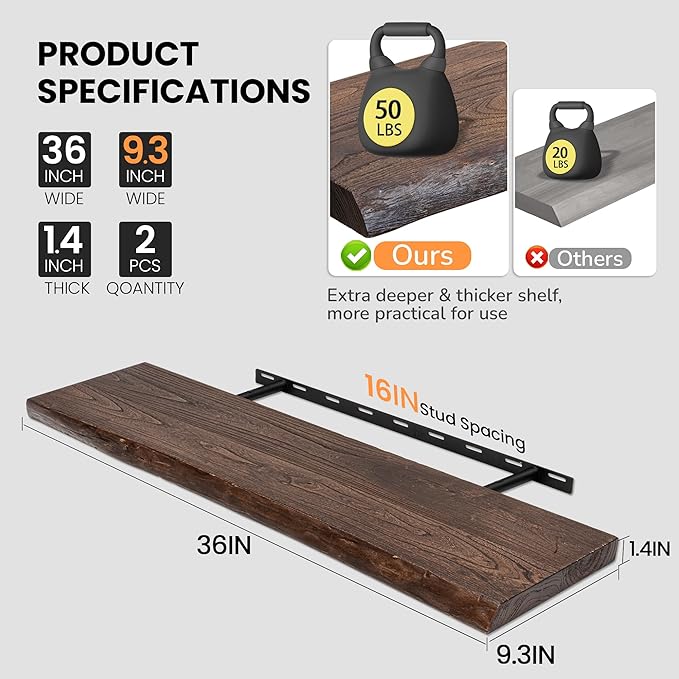 Floating Shelves for Wall, 36"x9.3" Rustic Solid Live-Edge Elm Wood Wall Shelves, Heavy-Duty Floating Shelves with Invisible Brackets, Set of 2 for Living Room, Bedroom, and Kitchen, Walnut Finish