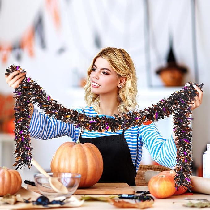 SAOROPEB 4 Pieces 26.4 Ft Halloween Tinsel Garland Metallic Shiny Twist Garland Hanging Decorations for Halloween Party Indoor and Outdoor Decor - Black Orange and Purple