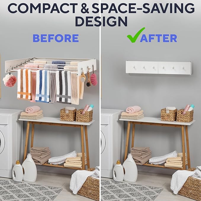 Foldable Wall Mounted Drying Rack 40 inch - Easy to Install Hanging Rack for Laundry Room - Space Saving Design with 66-lb Capacity - Perfect Drying Racks for Clothes Towels & More