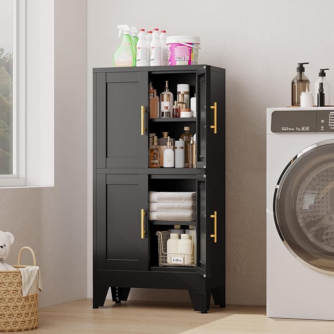 47.25" Metal Storage Cabinet, Black Kitchen Food Storage with 4 Door and 2 Adjustable Shelves, Freestanding Bathroom Cabinet, Pantry for Kitchen Dinning Room, Cupboard