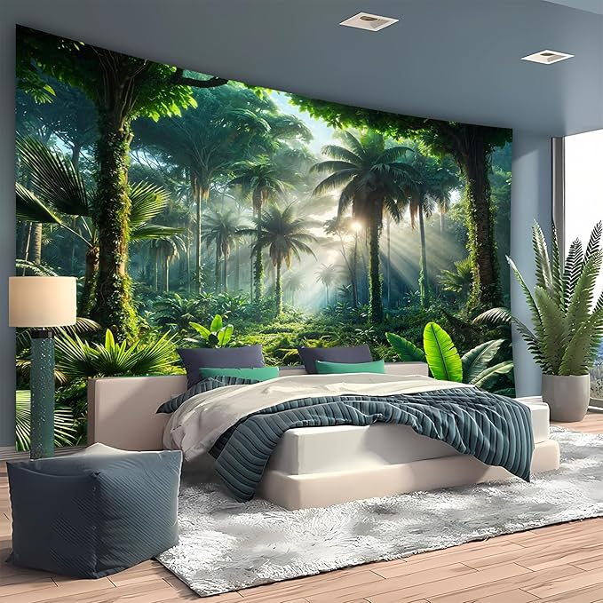 BSFHH Nature Tapestry Forest Tree Sea Cave Wall Hanging, Stream Through Rainforest Landscape Wall Art Tapestry for Bedroom Living room (Rainforest, 90"×70", Unframed)