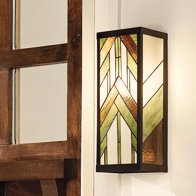 RIVER OF GOODS Art Deco Stained Glass Outdoor Light Fixture - 16.25" H - Decorative Porch Light - Green