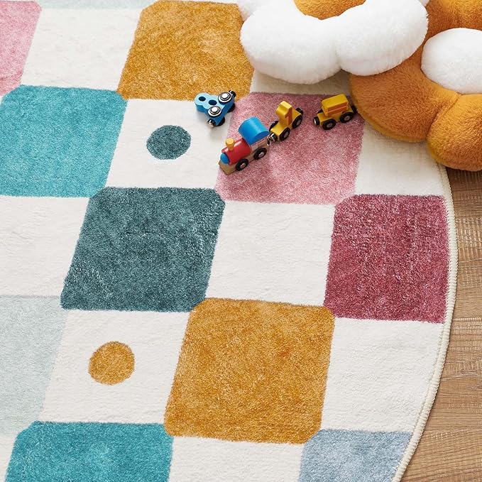 jinchan Round Rug 5ft Kids Washable Rug Indoor Floor Cover Non-Slip Soft Elementary School Classroom Modern Colorful Diamond Carpet for Nursery Daycare Bedroom Playroom Living Room Confetti on Cream