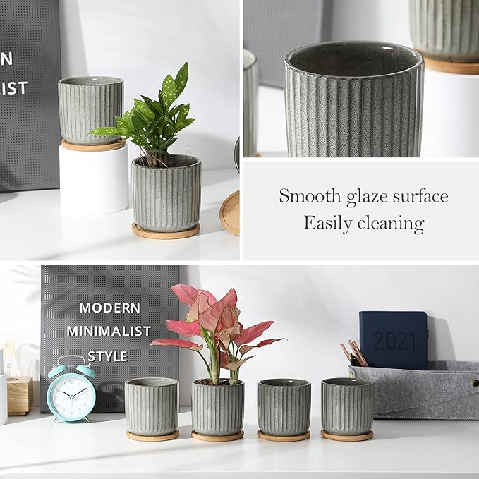 TAMAYKIM 4 Inch Cylinder Ceramic Plant Pots with Drainage Holes & Saucers, Glazed Green Grey Small Boho Planters with Trays for Indoor Flower, Snake Plants, Succulent, Cactus, Set of 4