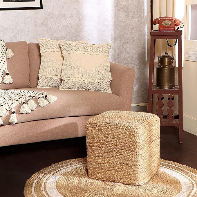 REDEARTH · Cube Pouf Foot Stool Ottoman - Jute Braided Pouffe Poof Accent Sitting Footrest for The Living Room, Bedroom, Nursery, Patio, Lounge & Other Rooms in The Home (14.5”x14.5”x16”; Natural)