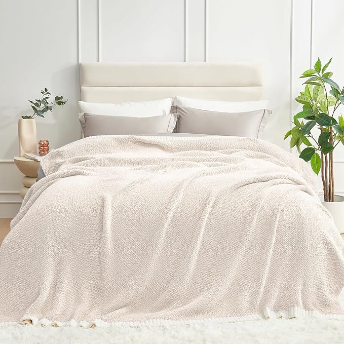 Snuggle Sac Queen Size Oversized Super Soft Bed Blanket - Warm & Cozy Knit Fuzzy Microfiber Blankets in Heather Ivory, 90 x 90