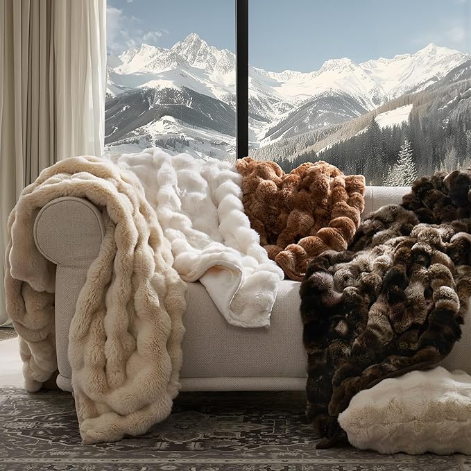 EVERGRACE Ultra Soft Luxury Fluffy Ridgeline Faux Rabbit Fur Throw Blanket, Thick Warm Bubble Throw for Bed, Cozy Plush Reversible Blankets for Couch, Chair, Sofa, Cream, 50x60 Inches, 870 GSM